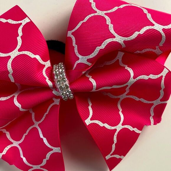 Cheerleader Pink and White Cheer Bow Rhinestone Center on Ponytail Holder - Picture 2 of 9